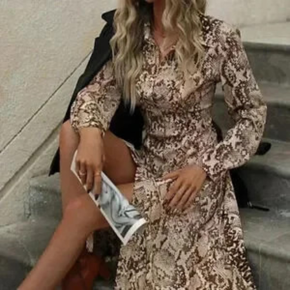Multicolor Casual Womens Snakeskin Print Button Front Shirt Dress